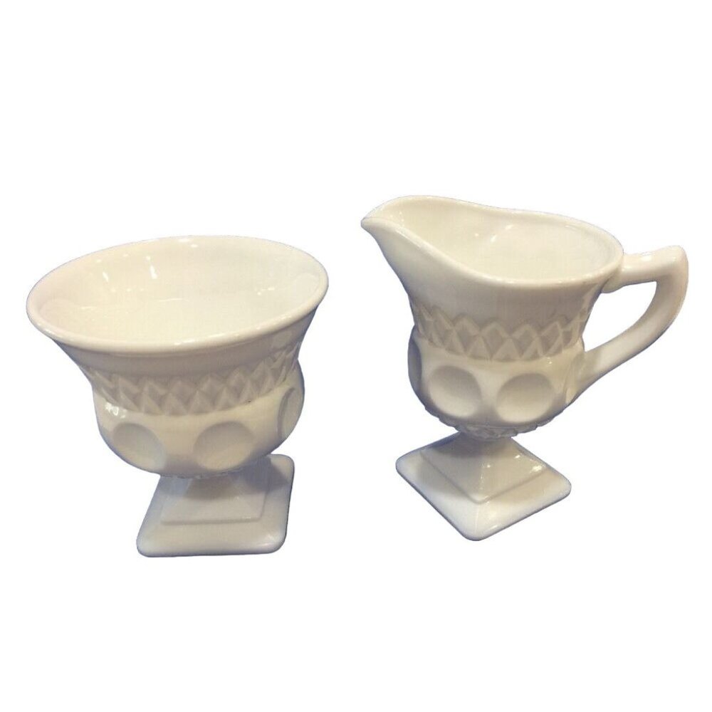 Vintage McKee Plymouth Thumbprint Milk Glass Pedestal Creamer & Sugar
